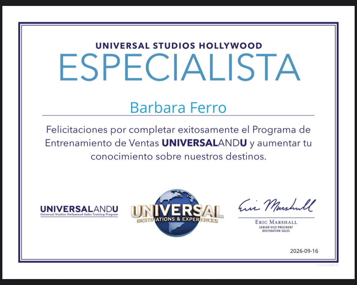 Certificación de Barbi: Universal Studios Hollywood Specialist