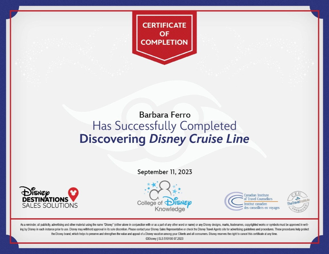 Certificación de Barbi: Disney Cruise Line